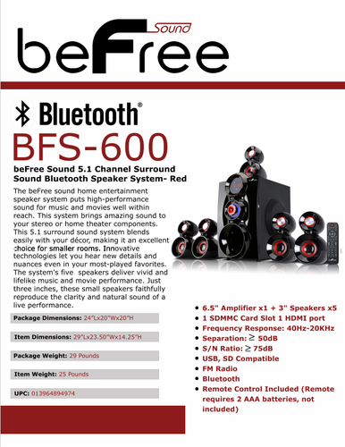 beFree BFS-600 5.1 Ch Surround Sound Speaker System Red w Remote USB BT - Picture 10 of 10