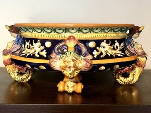 Egisto-Fantechi-Majolica-Centrepiece-Hand-Painted-Bowl-Renaissance-Revival-Italy