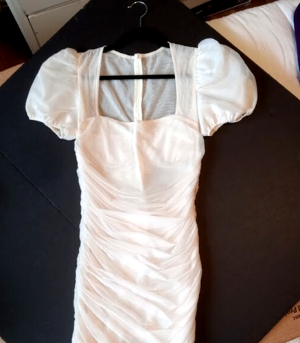 Missguided White Tan Ruched Mini Dress with Mesh Puff Sleeves Size 6 - Lined - Picture 3 of 23