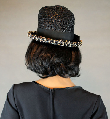Vintage Black raffia semi Bowler hat‎ Raffia Bowler Hat S 6 3/4 Vintage 60s Black White Brown  main image 4