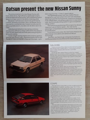 Nissan Sunny Range Brochure 1982 - Saloon Estate Coupe - Picture 2 of 3