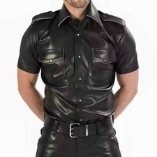 Men's Real Black Leather Police Uniform Shirt BLUF Schwarz Cuir Piping All Size