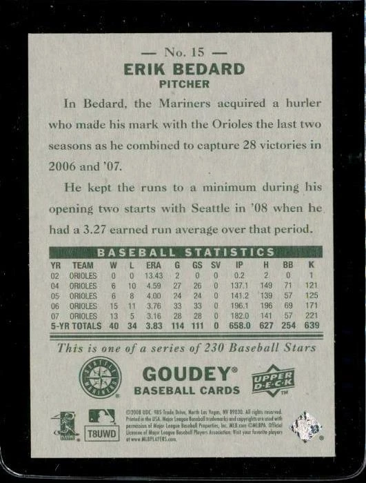 2008 Upper Deck Goudey Baseball Trading Card #15 ERIK BEDARD Seattle Mariners - Image 2 of 2