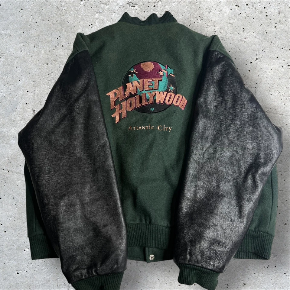 Vintage Planet Hollywood Green Wool Leather Varsity Bomber Jacket Size XL - Image 2 of 4