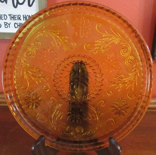 Vintage INDIANA Depression GLASS AMBER ORANGE 10" Round Platter DAISY PATTERN