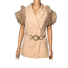 Women’s KL Suit: Beige Two-Piece Set with Sheer Puff Sleeves and Gold Belt