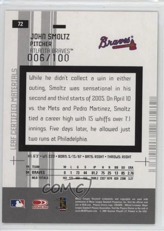 2005 Leaf Certified Materials Mirror Red /100 John Smoltz #72 HOF - Image 2 of 2