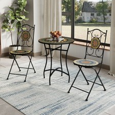 Outdoor Mosaic Bistro Set Garden Table and Folding Chairs Patio Dining Furniture