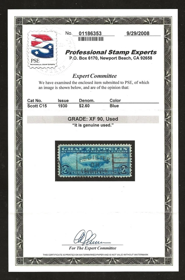 US C15 - $2.60 Graf Zeppelin issue - used, VF 90, PSE cert - Image 3 of 3