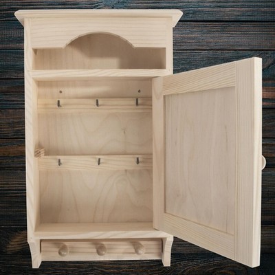 Schlüsselschrank aus Holz zum Aufhängen/schlichter unlackierter Kasten/6 Haken & 3 Heringe Organizer