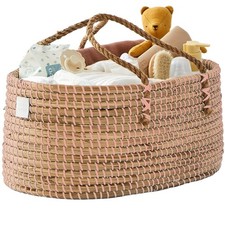 Premium Pink Baby Diaper Caddy Organizer -Handmade - Seagrass Basket With Cot...