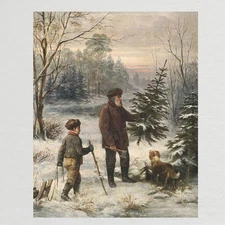1800s Father and Son with Christmas Tree Painting Giclee Fine Art Paper Print