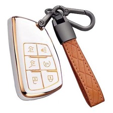 Key Fob Cover for Chevy GMC with Keychain, Tahoe Suburban 6 Buttons Ivory