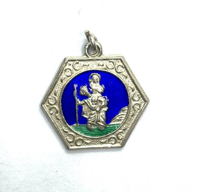 Vintage Sterling Silver Blue & Green Enamel St. Christopher Hexagonal Pendant