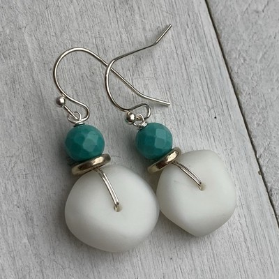 Min Favorit Opaque White Sea Glass, Turquoise & Silver Pl Artisan Earrings
