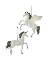 Set of 2 Silver and White Unicorn and Pegasus Ornaments E0658  w