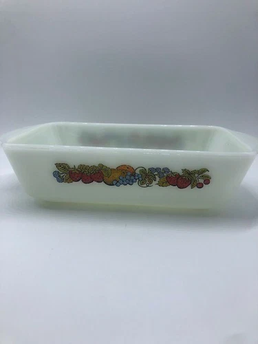 Vtg 70s Anchor Hocking Nature's Bounty Loaf Pan 1-Qt Baking Dish Fruit Fire King