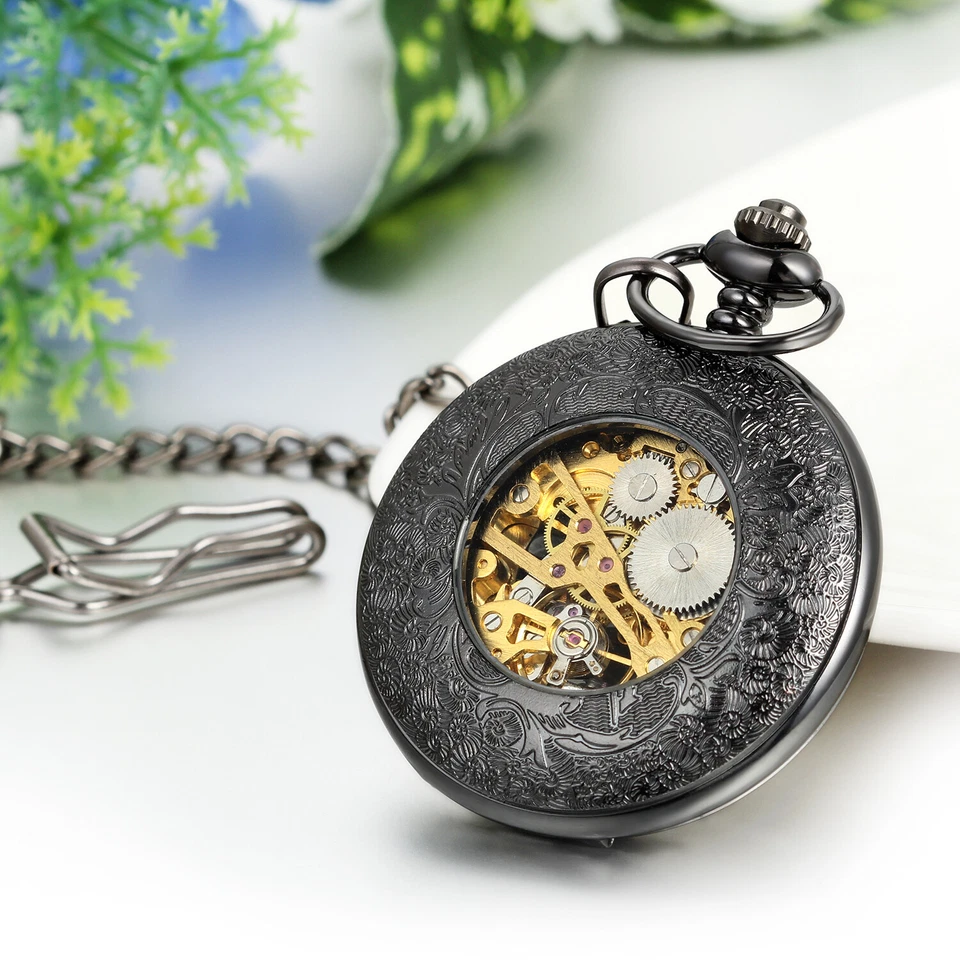 Reloj de Bolsillo Mecánico Automático Esqueleto Vintage Números Romanos Esfera Steampunk Foto 4 de 4