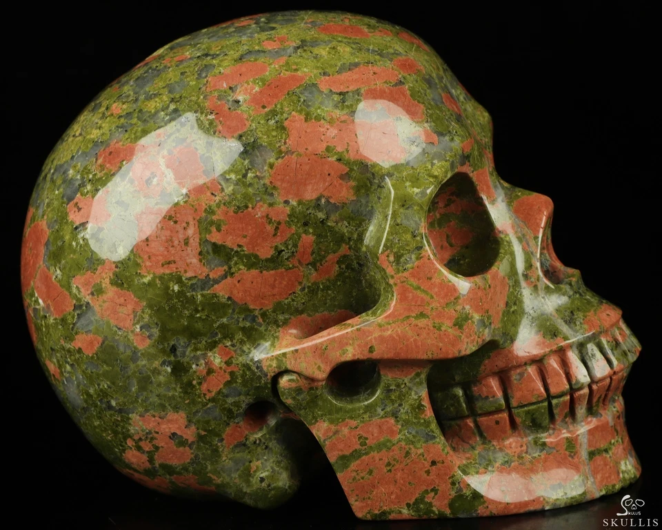 Calavera de cristal tallada a mano Unakita rosa y verde de 5,0", realista, cristal curativo Foto 4 de 4
