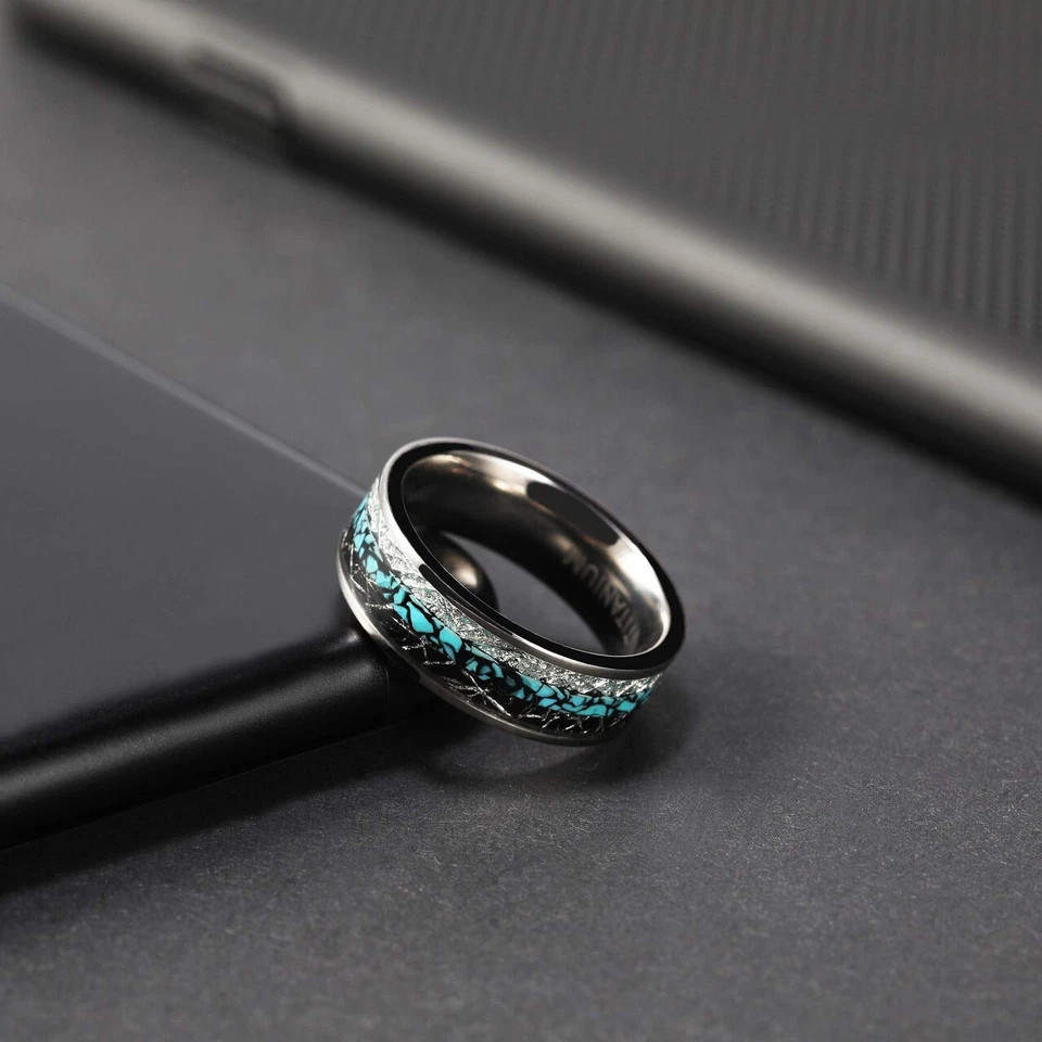Ebay Wedding Rings For Women. 6mm Steel Band w Turquoise & Duo Meteorite Inlay - Image 3 of 4