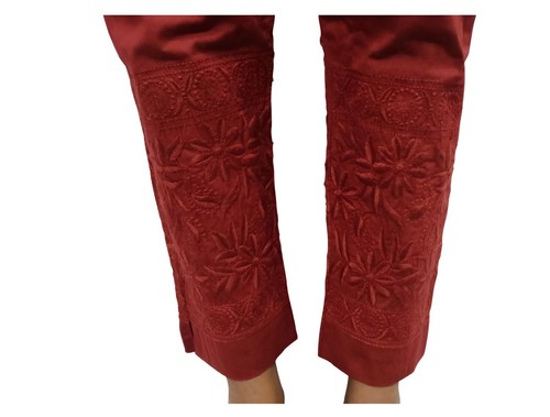Pants Women Chikan Cotton Lycra Trousers Embroidery Salwar Indian Summer Pajama - Picture 43 of 55