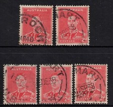 AUSTRALIA 1938  2d SCARLET KING GEORGE VI  STAMPS X (5)  VFU.