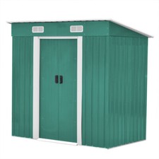 4x6ft Pent Roof Garden Shed Green Galvanized Outdoor Tools Small House with Base