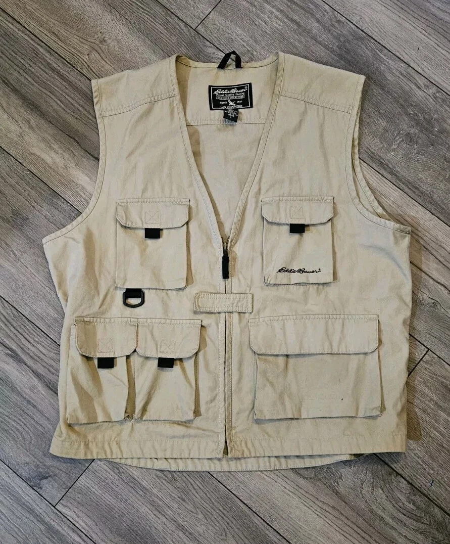 Eddie Bauer Fishing Utility Cargo Vest Men's Size L Camping Hunting Pocket Khaki