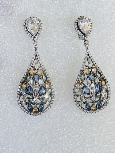 VICTORIAN DESIGNER STERLING SILVER TANZANITE CHALCEDONY TEARDROP DANGLE EARRINGS - Picture 12 of 17