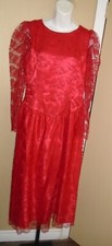 VTG 1989 Red Tea Length Dress Overlaid w/ Red Lace Bridesmaid Grad Sz M EUC