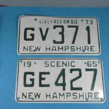 Pair New Hampshire License Plates, 1965, 1973, Very Nice Condition