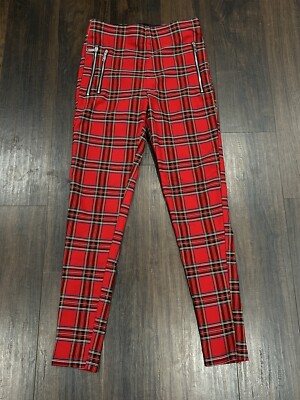 Zara Plaid Zipper Detail High Waisted Pant Leggings Pull On Red