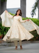 Indian Designer Chinnon Silk Anarkali And Bottom With Dupatta For Wedding Wear