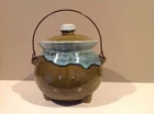 HULL Pottery Avocado and Mint Green Drip Glaze Bean Pot Metal Handle 3-Footed