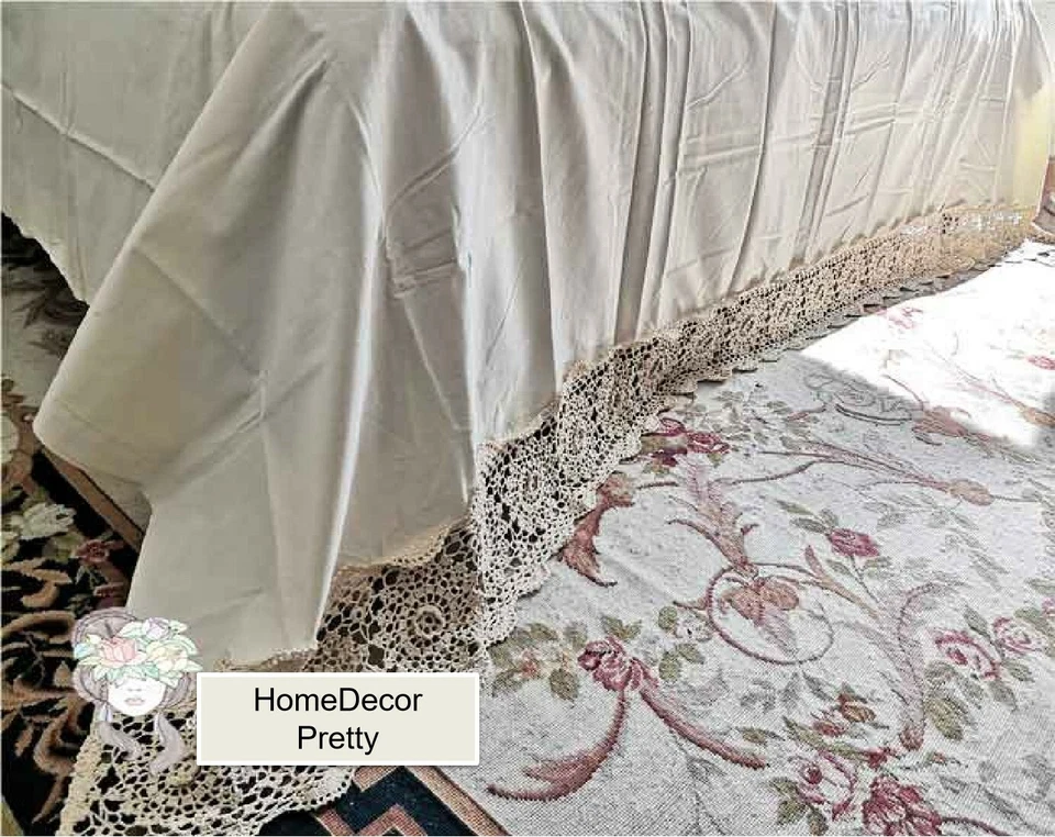 Preciosa sábana bajera ancha 3D flor ganchillo a mano encaje algodón beige XL Foto 2 de 4