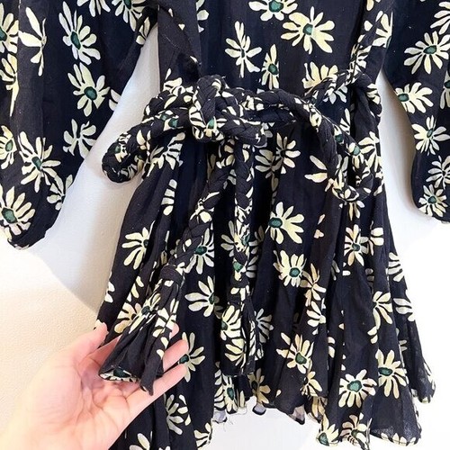 Rhode Linen Blend Black Yellow Daisy Print Tie Waist Designer Mini Sun Dress XS - Picture 9 of 10