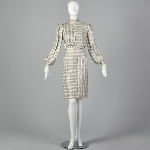 Small Galanos 1970s Striped Silk Dress Vintage Geometric Day Dress 70s Textural - Picture 2 of 10