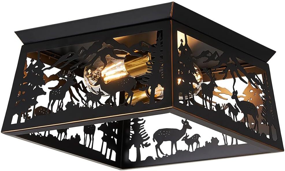 Black Semi Flush Mount Ceiling Light Fixture, Rustic Cabin Deer Ceiling Light Fi