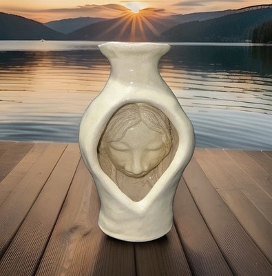 Artisan Ceramic Sculptural Face Vase Cream Glossy Hand Molded Surrealist Vessel