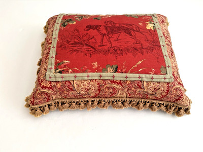 Designer Pillow + Down Insert Pointer Dogs Pheasant Woods Red Linen Tan Fringe