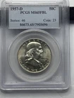 1957-D US Franklin Silver Half Dollar 50c PCGS MS65FBL