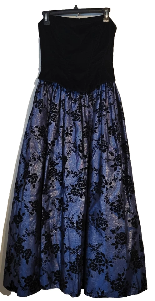 Saia floral azul corpete veludo preto vintage Gunne Sax Jessica McClintock tamanho 7 - Imagem 2 de 4