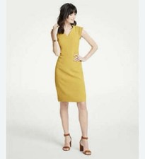 Ann Taylor Mustard Yellow V Neck Ruffled Sleeve Lined Career Sheath Dress 4P