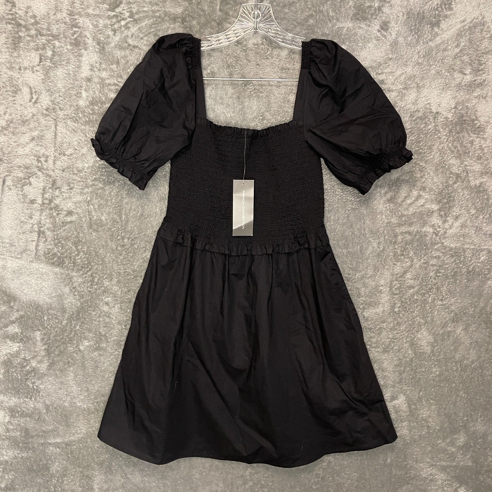 French Connection Women Rhodes Poplin Smocked Puff Sleeve Mini Dress 6 Black