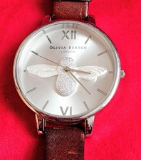 Olivia Burton 3D Bee Silver Watch Ladies Brown Leather Strap Stainless Steel