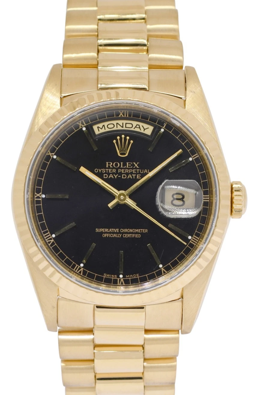 Rolex — Rolex Day-Date President 18k Yellow Gold Black Dial Mens 36mm Watch E 18238
