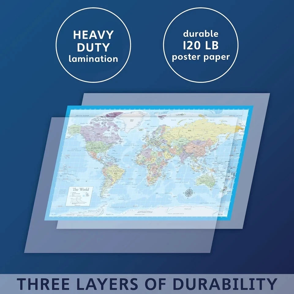Paquete de 2 - Mapa del mundo laminado y conjunto de carteles de mapa de Estados Unidos - Mapa de gráfico de pared del mundo y Foto 2 de 4