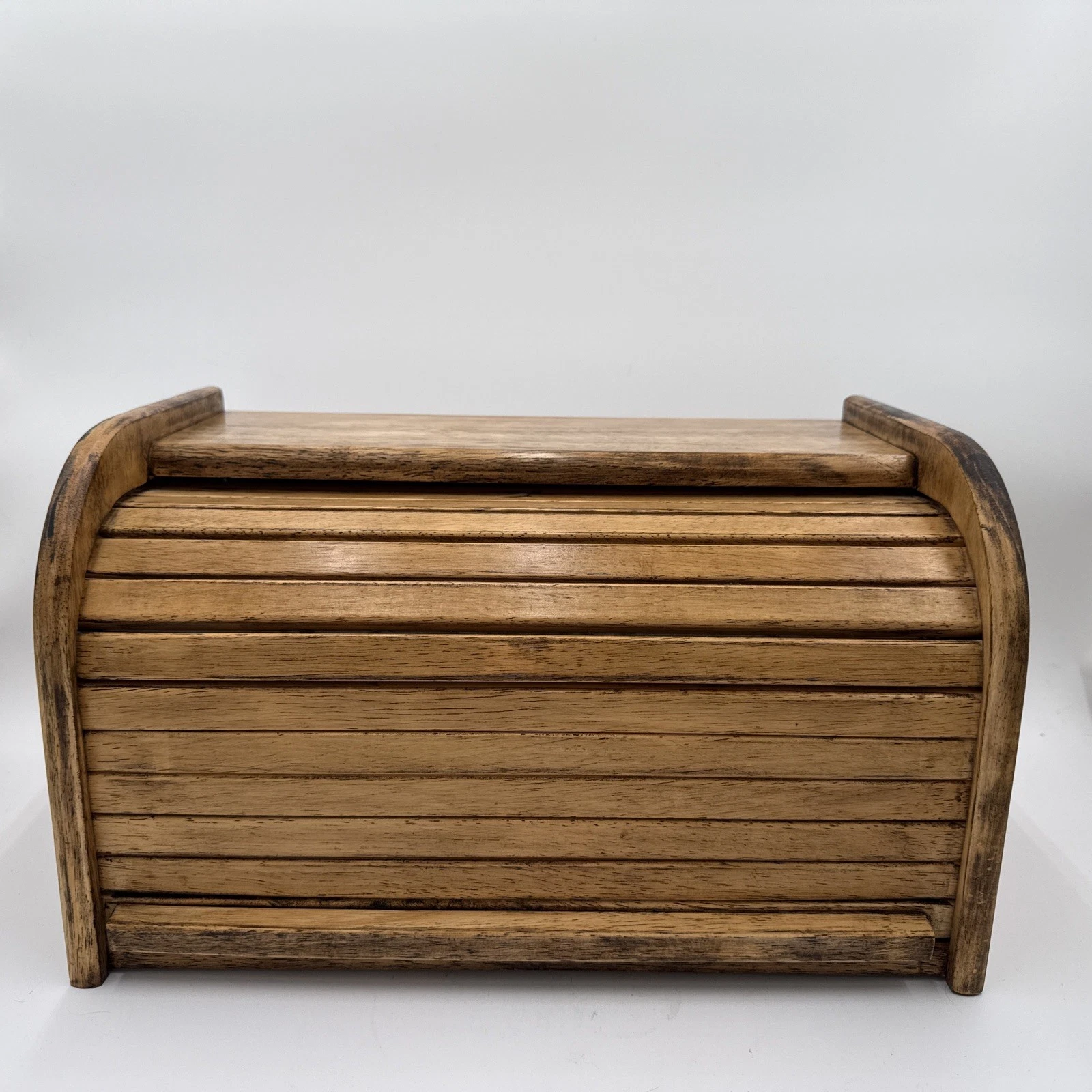Vintage Wooden Wood Roll Top Bread Box Farmhouse Brown Country Farm Rustic 16x9