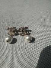Chanel Crystal Strass CC Logo and Pearl Drop Earrings
