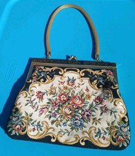 Vintage Petit Point Embroidered Purse Floral Tapestry Black Evening Bag 1930s